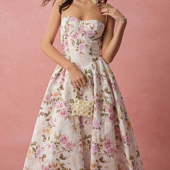 White Boho Romantic Women's Floral Long Print Spaghetti Strap A-Line Dress - Picture 4 of 7